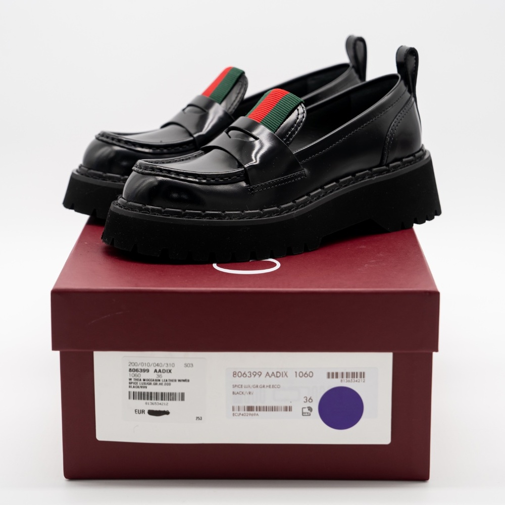 size 36G 6 US Gucci Lug Sole Penny Loafers Black Web Leather - Picture 11 of 12